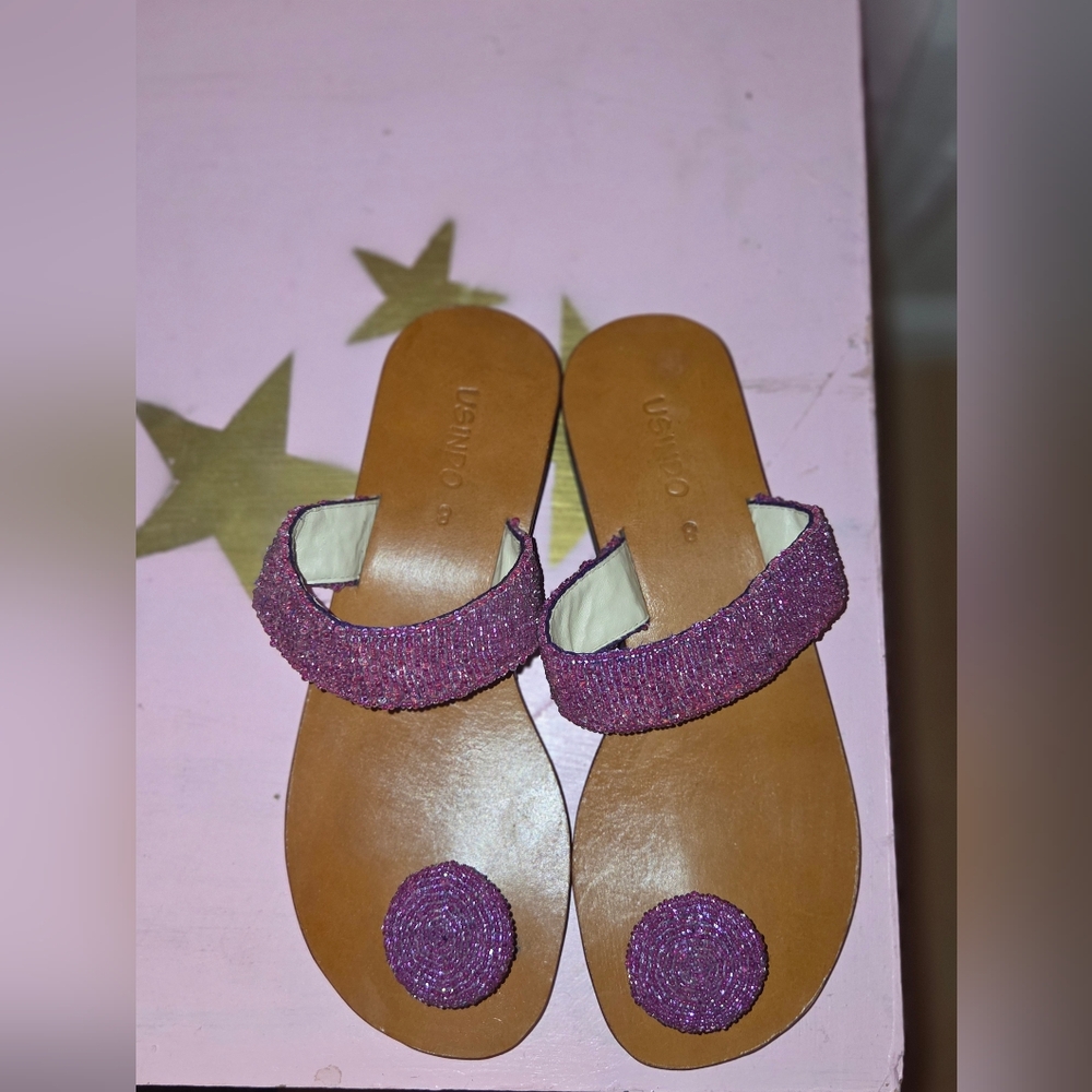 Purple and Brown Beaded Sandals with Toe Loop